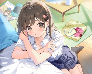 bed black_socks blue_skirt breasts brown_eyes brown_hair character_request cleavage commentary_request copyright_request crossed_arms hair_ornament hairclip hands_on_bed hands_on_own_shoulders highres indoors light_blush long_hair magazine_(object) on_floor parallel_hairclips partially_unbuttoned plaid_clothes plaid_skirt pleated_skirt school_uniform shadow shirt short_sleeves skirt smile socks summer_uniform sweatdrop table unworn_clothes urata_asao white_shirt