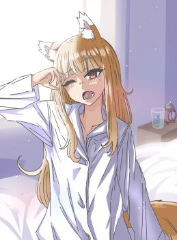 1girl absurdres akuma0320 alternate_costume animal_ear_fluff animal_ears arm_at_side blunt_bangs blush borrowed_clothes brown_hair collared_shirt commentary contemporary day fang hand_up highres holo indoors long_hair long_sleeves looking_at_viewer lower_teeth_only morning on_bed one_eye_closed open_mouth oversized_clothes oversized_shirt red_eyes shading_eyes shirt sidelighting skin_fang sleepy solo spice_and_wolf straight_hair tail teeth tsurime upper_body very_long_hair waking_up white_shirt wolf_ears wolf_girl wolf_tail yawning