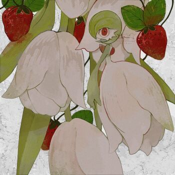 bob_cut clothed_pokemon colored_skin flower food fruit gardevoir gen_3_pokemon green_hair green_skin hair_over_one_eye highres li04r multicolored_skin nintendo one_eye_covered pokemon pokemon_(creature) strawberry two-tone_skin white_flower white_skin