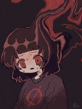 1girl abstract bags_under_eyes black_background black_sweater blunt_bangs brown_hair commentary empty_eyes english_commentary eyelashes film_grain frown furrowed_brow highres knmntn long_sleeves looking_down medium_hair milk-chan_(milk_series) milk_inside_a_bag_of_milk_inside_a_bag_of_milk nervous open_mouth puffy_long_sleeves puffy_sleeves raised_eyebrows red_eyes sad short_bangs sidelocks signature simple_background solo static sweat sweater upper_body wavy_eyes