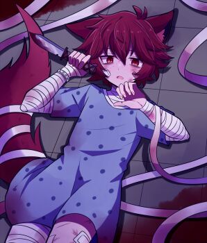ahoge animal_ear_fluff animal_ears bandaged_arm bandages bandaid bandaid_on_face blood bloody_knife cuts fang fox_boy fox_ears fox_tail freckles half-closed_eyes highres hospital_gown indie_virtual_youtuber injury knife motiumai open_mouth red_eyes red_hair short_hair sleepyxah_(vtuber) tail tile_floor tiles wristband