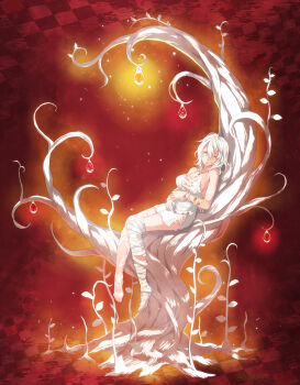1girl abstract_background bandaged_leg bandages bracelet breasts checkered_background closed_eyes code_vein commentary crossed_arms dress full_body highres in_tree io_(code_vein) jewelry lace lace_legwear large_breasts minami_seira necklace parted_lips plant red_background short_hair sitting sitting_in_tree sleeping solo torn_clothes tree wavy_hair white_dress white_hair white_legwear white_tree