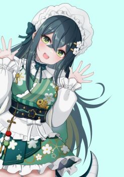 1girl :d apron aqua_background bare_shoulders black_corset blush bonnet breasts collar colored_inner_hair corset cowboy_shot crossed_bangs detached_sleeves fish floral_print floral_print_kimono flower-shaped_pupils flower_hairpin flower_knot frilled_bonnet frilled_collar frilled_skirt frills green_eyes green_hair green_kimono green_ribbon green_tail hair_ribbon hands_up hashtag-only_commentary highres japanese_clothes kimono kimono_skirt lizard_tail long_hair long_sleeves looking_at_viewer maid_apron multicolored_hair neck_ribbon nijisanji obiage obijime open_mouth peeking_out print_kimono ribbon simple_background skirt small_breasts smile solo symbol-shaped_pupils tail tail_under_clothes tassel togawa_nonoha toriniku_(selene1050) virtual_youtuber waist_apron waving white_bonnet white_ribbon white_sleeves