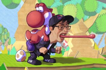 1boy absurdres amsa_(gamer) black-framed_eyewear black_eyes black_hat black_jacket black_pants black_shoes carrying egg glasses hat highres jacket mario_(series) monotheon nintendo open_mouth pants piggyback real_life red_bull red_yoshi shadow shoes short_hair sneakers super_smash_bros. tongue tongue_out what yoshi yoshi_egg