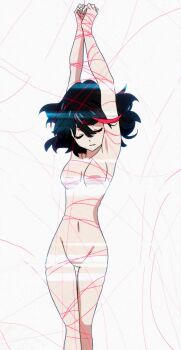 10s 1girl absurdres anime_screenshot arms_up bdsm black_hair bondage bound closed_eyes female_focus highres kill_la_kill matoi_ryuuko multicolored_hair navel no_nipples no_pussy nude red_hair short_hair solo streaked_hair string string_of_fate