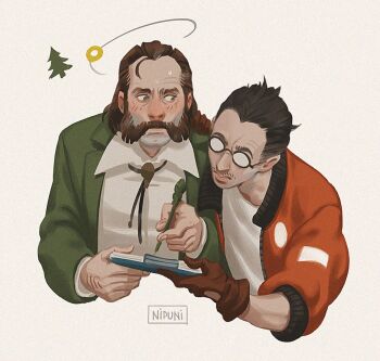 2boys aegyo_sal black_eyes black_hair blush bomber_jacket brown_gloves brown_hair chest_hair clipboard collared_shirt commentary disco_elysium english_commentary facial_hair glasses gloves harry_du_bois holding holding_pen jacket kim_kitsuragi looking_at_another male_focus multiple_boys mustache_stubble mutton_chops neck_ribbon nipuni orange_jacket pen ribbon shirt stubble sweatdrop upper_body white_shirt writing