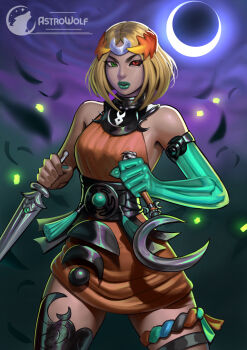 1girl ancient_greek_clothes astrowolf asymmetrical_arms black_sclera blonde_hair bone colored_sclera dress glowing_arm greco-roman_clothes green_lips hades_(series) hades_2 highres holding holding_sickle laurel_crown lipstick makeup melinoe_(hades) mismatched_sclera moon nail_polish orange_dress see-through_body sickle skeletal_arm