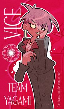 1girl breasts brown_hair dark-skinned_female dark_skin darkjakkus formal_clothes large_breasts pants red_eyes short_hair suit tan the_king_of_fighters vice_(kof)