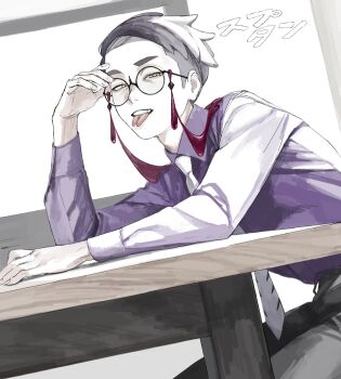 1boy arm_up black-framed_eyewear black_hair collared_shirt corbeau_(pokemon) elbow_rest fingernails forked_tongue glasses highres kawatiw long_sleeves looking_at_viewer male_focus medium_sideburns necktie nintendo parted_hair pokemon pokemon_legends:_z-a purple_shirt round_eyewear shirt sitting sleeve_cuffs solo table tassel teeth tongue tongue_out upper_teeth_only white_necktie wing_collar yellow_eyes