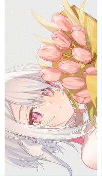 1girl absurdres au_ra bare_shoulders bouquet choker colored_inner_hair dragon_girl dragon_horns final_fantasy final_fantasy_xiv flower highres horns looking_at_viewer motsuni_(lxxe1120) multicolored_hair pink_hair red_eyes scales sideways solo warrior_of_light_(ff14) white_hair