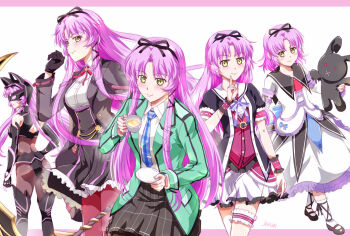 1girl animal_ears aramis_high_school_uniform artist_name bare_shoulders black_bodysuit blush bob_cut bodysuit border bow breasts cat_ears cup curtained_hair detached_sleeves dress eiyuu_densetsu fake_animal_ears floating_hair grimcats_(eiyuu_densetsu) hair_between_eyes hair_bow hair_ornament hair_ribbon holding holding_cup holding_saucer holding_stuffed_toy jacket kai_no_kiseki kuro_no_kiseki kuro_no_kiseki_(series) kuro_no_kiseki_i kuro_no_kiseki_ii latex latex_bodysuit long_hair long_sleeves looking_at_viewer mary_janes mask medium_breasts parted_bangs pink_border puffy_short_sleeves puffy_sleeves purple_hair renne_(eiyuu_densetsu) ribbon saucer school_uniform sen_no_kiseki sen_no_kiseki_(series) sen_no_kiseki_iv shoes short_hair short_sleeves simple_background skin_tight skirt small_breasts smile sora_no_kiseki stuffed_animal stuffed_rabbit stuffed_toy thighhighs two-tone_background two_side_up white_background xiacheng_tatsuya