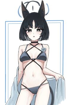 1girl animal_ears belly bikini black_eyes black_hair blue_archive blue_halo breasts cat_ears cat_girl cat_tail choker commentary criss-cross_straps eiraku_tee flower_ornament halo highres holding holding_towel kikyou_(blue_archive) kikyou_(swimsuit)_(blue_archive) layered_bikini medium_breasts multi-strapped_bikini_bottom multi-strapped_bikini_top navel open_mouth short_hair simple_background swimsuit tail towel towel_around_waist
