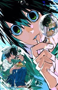 1boy barefoot black_hair blue_pants cake cake_slice commentary_request death_note eating food full_body hair_between_eyes highres in_bubble knees_up l_(death_note) long_hair male_focus pants shirt short_hair thumb_to_mouth white_shirt xi_luo_an_ya