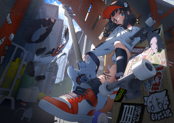 Rule 34 | 1girl, alley, animal ear fluff, animal ears, baseball cap, bass guitar, black hair, black hat, black sailor collar, black shoes, black skirt, black socks, blue eyes, blush, box, building, can, cardboard box, cat ears, cat girl, chain, chain necklace, commentary request, day, drink can, earrings, ears through headwear, from below, hat, high tops, highres, hoji (hooooooooji1029), instrument, jewelry, kneehighs, leg tattoo, loafers, long hair, long sleeves, looking at viewer, looking down, mouse (animal), necklace, original, outdoors, propane tank, sailor collar, school uniform, shirt, shoes, skateboard, skirt, sneakers, socks, solo, sweater, tattoo, unworn shirt, unworn shoes, unworn skirt, white shirt, white sweater