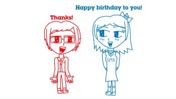 1boy 1other angelheartlover234 blue_eyes blue_hair blue_ribbon ctv1_(angelheartlover234) food-themed_hair_ornament gemma_(angelheartlover234) hair_ornament hair_ribbon happy_birthday humanization logo_humans red_eyes red_hair ribbon thank_you trap