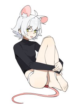 Rule 34 | 1girl, ahoge, animal ear fluff, animal ears, barefoot, black shirt, blush, breasts, commentary, crossed bangs, ear piercing, english commentary, extra ears, go! go! gris!, green eyes, highres, hugging own legs, long sleeves, mouse ears, mouse girl, mouse tail, open mouth, panties, perl (go! go! gris!), piercing, shirt, short hair, sidelocks, simple background, sitting, sleeves past wrists, small breasts, solo, sweatdrop, tail, toes, underwear, vertigris, white background, white hair, white panties