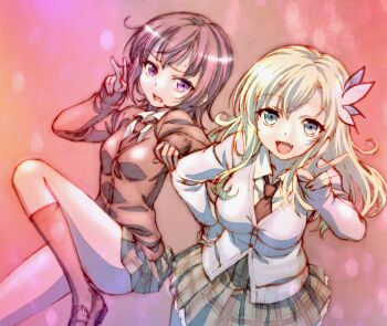 2girls black_hair black_jacket black_necktie black_socks blazer blonde_hair blue_eyes boku_wa_tomodachi_ga_sukunai butterfly_hair_ornament cardigan collared_shirt commentary_request green_skirt grey_cardigan hair_ornament hand_on_own_hip hand_up highres jacket kashiwazaki_sena kneehighs long_hair long_sleeves looking_at_viewer mikazuki_yozora miniskirt multiple_girls necktie official_artist_extra open_mouth plaid_clothes plaid_skirt pleated_skirt purple_eyes school_uniform shirt skirt smile socks st._chronica_academy_school_uniform standing standing_on_one_leg thighs v watanabe_yoshihiro white_shirt