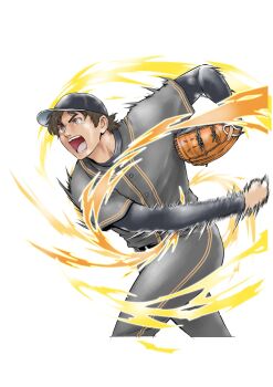 Rule 34 | ball, baseball, baseball (object), baseball glove, baseball jersey, baseball uniform, highres, jersey, mitsuda takuya, official art, ohtani shohei, open mouth, pitching, playing sports, real life, shirt under shirt, simple background, sportswear, throwing, white background
