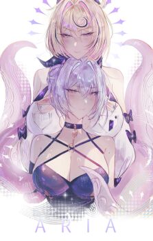 2girls a_r_i_a accessories afterimage animal_ears artist_name bare_shoulders black_bow black_bra black_hat black_horns black_sleeves blonde_hair blue_hair blush bow bra breasts chin_rest choker cleavage closed_mouth commentary dotted_background ear_wiggle earrings goat_ears goat_girl goat_horns hair_between_eyes hair_intakes hat head_on_head head_rest highres horizontal_pupils horns jewelry key key_choker large_breasts looking_at_viewer lucia_elowen mole mole_on_arm mole_on_breast mole_under_mouth monster_girl multiple_girls pointy_ears purple_eyes scylla shirt short_hair single_sleeve smile sparkle sweat tentacle_girl tentacle_tail tentacles underwear upper_body white_background white_shirt yellow_eyes yidhari_murphy zenless_zone_zero