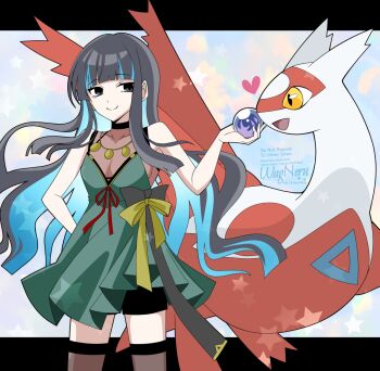 1girl bare_shoulders black_hair black_shorts blue_hair breasts brown_thighhighs colored_inner_hair dress eyeliner fate/grand_order fate_(series) gen_3_pokemon green_dress grey_eyes highres jewelry latias legendary_pokemon long_hair makeup medium_breasts multicolored_hair necklace nintendo pokemon pokemon_(creature) see-through_cleavage see-through_clothes shorts sidelocks smile tenochtitlan_(event_portrait)_(fate) tenochtitlan_(fate) thighhighs thighs wagu_neru yellow_eyes