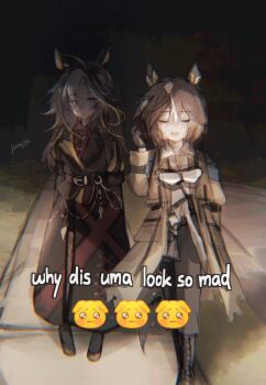 2girls animal_ears bare_shoulders black_boots black_coat black_gloves black_hair black_pants black_skirt blue_eyes boots brown_hair closed_eyes coat collared_shirt crying_emoji doktahzaki dream_journey_(reminder_of_dreamland)_(umamusume) dream_journey_(umamusume) ear_covers emoji eyes_in_shadow face_in_shadow full_body glasses gloves goggles goggles_around_neck hair_between_eyes highres horse_ears horse_girl horse_tail long_hair long_sleeves meme multicolored_hair multiple_girls night open_clothes open_coat open_mouth outdoors pants red_shirt shaded_face shirt side-by-side sidewalk skirt smile standing stay_gold_(umamusume) streaked_hair tail umamusume white_hair why_dis_ninja_look_so_mad_(meme) yellow_coat