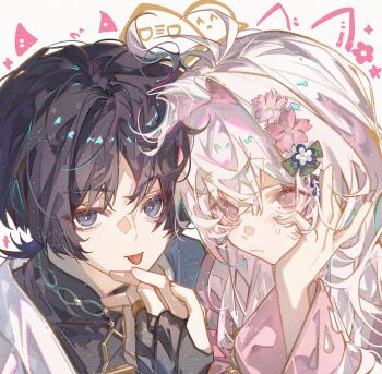 Rule 34 | 1boy, 1girl, :p, animal ears, antenna hair, armor, artist request, black bodysuit, black hair, blue cape, blue hair, blunt ends, blush, bodysuit, bright pupils, cape, cat ears, closed mouth, colored inner hair, commission, commissioner insert, couple, covered collarbone, crossed bangs, demon horns, diamond-shaped pupils, diamond (shape), eyeliner, fingernails, flower, genshin impact, grey eyes, hair between eyes, hair flower, hair intakes, hair ornament, hand on own face, hayami momo (hayamimomo), hetero, highres, holding hands, horns, interlocked fingers, japanese armor, japanese clothes, kimono, kote, kurokote, long hair, looking at another, looking at viewer, makeup, mandarin collar, middle ring, multicolored hair, oc x canon, original, parted bangs, pink eyes, pink flower, pink hair, pink sleeves, purikura, red eyeliner, red hair, scaramouche (genshin impact), second-party source, side cape, spoken expression, streaked hair, sweatdrop, symbol-shaped pupils, tongue, tongue out, tsurime, wanderer (genshin impact), white background, white kimono, white pupils, wispy bangs