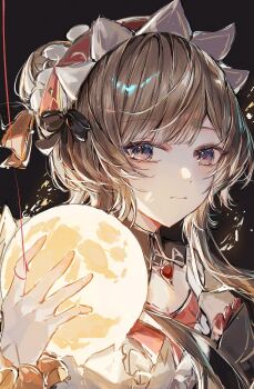 1girl black_background black_collar black_ribbon blue_eyes brown_hair collar detached_collar expressionless fuyu_gn genshin_impact hair_bun hair_ribbon headdress highres long_sleeves moon ribbon sandrone_(genshin_impact) sidelocks string_around_finger upper_body