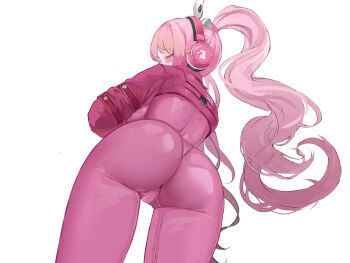 1girl absurdres alice_(nikke) animal_ear_headphones animal_ears ass ass_focus blush bodysuit breasts fake_animal_ears from_behind goddess_of_victory:_nikke headphones headset highres impossible_bodysuit impossible_clothes jacket large_breasts latex latex_bodysuit long_hair pink_bodysuit pink_hair shrug_(clothing) skin_tight smurtz twintails