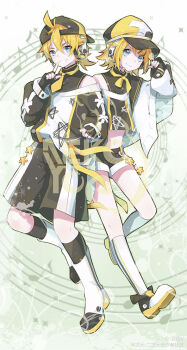 1boy 1girl backwards_hat baseball_cap black_shorts black_socks blonde_hair blue_eyes commentary_request fingerless_gloves full_body gloves grin hair_ornament hairclip hat headphones index_finger_raised jacket kagamine_len kagamine_rin short_hair shorts siblings smile socks twins varinr vocaloid white_jacket white_socks