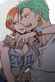 1boy 1girl arm_around_neck bangle banknote bare_shoulders bracelet breasts cleavage clothes_writing coin collarbone earrings gold_coin gold_earrings gradient_background green_hair grey_shirt highres holding holding_money jewelry log_pose money mouth_hold nami_(one_piece) one_piece one_piece:_dead_end_adventure orange_eyes orange_hair parted_lips profile roronoa_zoro shirt short_hair shoulder_tattoo tattoo teeth_hold upper_body watermark white_shirt wipbinna zipper