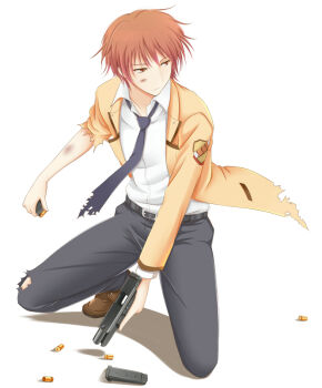 Rule 34 | 10s, 1boy, angel beats!, belt, brown eyes, brown hair, bullet, full body, gun, handgun, kneeling, locked slide, magazine (weapon), male focus, necktie, otonashi yuzuru, pistol, school uniform, semi-automatic pistol, shadow, shell casing, solo, torn clothes, trigger discipline, violetshit, weapon, white background, witness holes