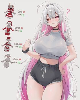 1girl ? absurdres ahoge black_choker black_shorts blush breasts choker closed_mouth commentary cowboy_shot crop_top cross cross_earrings dolphin_shorts earrings english_commentary fingernails grey_background grey_hair grey_shirt hair_intakes hand_on_own_hip hand_up heterochromia highres huge_breasts jewelry long_fingernails long_hair looking_at_viewer meme_request midriff mole mole_on_neck mole_on_thigh nail_polish navel original pink_eyes pink_hair purple_nails scrunchie shirt short_sleeves shorts simple_background smile solo thigh_gap thighs very_long_hair vitaminechan vivi_(vitaminechan) wrist_scrunchie yellow_eyes