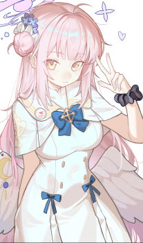 1girl absurdres angel_wings black_scrunchie blue_archive blue_bow blue_bowtie bow bowtie breasts capelet chinese_commentary commentary_request dress feathered_wings flower hair_bun hair_flower hair_ornament halo hand_up heart highres long_hair looking_at_viewer low_wings mika_(blue_archive) pink_hair pink_halo scrunchie simple_background single_side_bun smile solo w weirdo white_background white_capelet white_dress white_wings wing_ornament wings wrist_scrunchie yellow_eyes