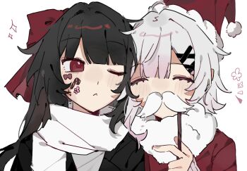 2girls :< alternate_costume black_hair chinese_commentary closed_eyes closed_mouth commentary_request fake_facial_hair fake_mustache hair_ornament hat heads_together highres long_hair looking_at_another mahou_shoujo_no_majo_saiban multicolored_hair multiple_girls nikaido_hiro one_eye_closed red_eyes red_hat sakuraba_ema santa_costume santa_hat scarf short_hair sticker sticker_on_face upper_body white_background white_scarf x_hair_ornament xin_jin_lao_tie_6325640