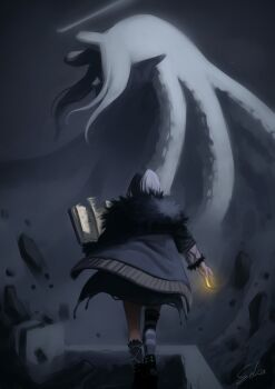 2girls absurdres black_boots black_coat black_hair black_thighhighs book boots coat commentary eldritch_abomination english_commentary fur-trimmed_coat fur_trim grey_hair highres holding holding_book hololive hololive_english imminent_fight multicolored_hair multiple_girls ninomae_ina&#039;nis open_book shiori_novella shiori_novella_(1st_costume) single_thighhigh sokathebaka split-color_hair striped_clothes striped_thighhighs tentacle_hair thighhighs two-tone_hair virtual_youtuber
