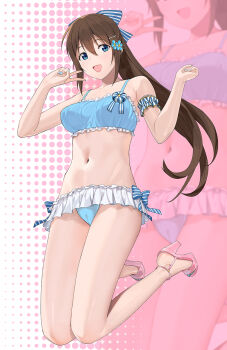 1girl :d a1_(initial-g) bikini blue_bikini blue_bow blue_eyes blue_nails blush bow brown_hair commentary_request full_body hair_bow hair_ornament hairpin high_heels highres long_hair looking_at_viewer love_live! love_live!_nijigasaki_high_school_idol_club navel open_mouth osaka_shizuku pearl_hair_ornament pink_shoes shoes smile solo stomach striped_bow swimsuit thighs tongue v zoom_layer