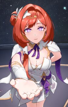 1girl absurdres arm_behind_back breasts cleavage commentary_request hair_ornament highres honkai_(series) honkai_impact_3rd long_hair medium_breasts offering_hand pink_eyes reaching reaching_towards_viewer red_hair senadina senadina_(cocoon_of_unwoven) takapon1686