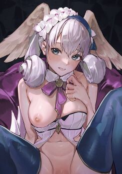 1girl blue_eyes blue_hairband blue_thighhighs blush bottomless breasts dark_background detached_collar dress embarrassed feathered_wings grey_hair hairband head_wings highres implied_sex long_hair looking_at_viewer m_legs medium_breasts melia_antiqua navel nipples one_breast_out parted_lips short_dress solo sooon spread_legs thighhighs white_dress white_wings wings xenoblade_chronicles_(series) xenoblade_chronicles_1