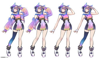 1girl absurdres arm_up bare_shoulders belt black_belt black_hair blonde_hair blue_hair boots commentary_request dated dress fei_luo_mao fingerless_gloves fingernails full_body gloves gradient_thighhighs highres jacket kamen_rider kamen_rider_gavv kamen_rider_gavv_(poppingummy_form) kamen_rider_gavv_(series) lollipop_in_mouth multicolored_hair off_shoulder open_clothes open_jacket outline purple_hair rider-tan see-through_clothes see-through_jacket short_dress short_hair sleeveless sleeveless_dress solo standing two_side_up white_boots white_gloves white_outline yellow_eyes zipper zoom_layer