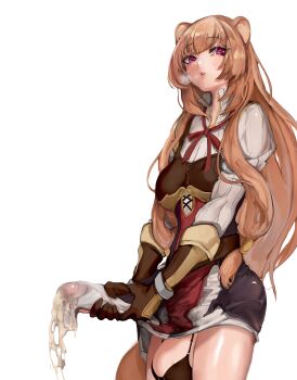 1futa absurdres animal_ears ball_bra breasts brown_gloves brown_hair bulge cum cum_in_clothes cum_through_clothes erection erection_under_clothes futanari futanari_masturbation gloves heart heart-shaped_pupils highres huge_testicles large_breasts large_penis long_hair looking_at_viewer mamimi_(mamamimi) masturbation masturbation_through_clothes parted_lips penis purple_eyes raccoon_ears raccoon_girl raphtalia simple_background solo standing symbol-shaped_pupils tail tate_no_yuusha_no_nariagari testicles very_long_hair white_background