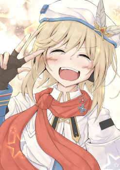 Rule 34 | 1girl, badge, beret, black gloves, blonde hair, blue jacket, button badge, cloak, commentary request, fingerless gloves, girls' frontline, girls' frontline 2: exilium, gloves, happy tears, hat, hat feather, highres, jacket, medium hair, nagant (girls' frontline 2), nagant revolver (girls' frontline), open mouth, red scarf, scarf, smile, solo, tarunoakuma, tearing up, tears, teeth, upper body, upper teeth only, v, white cloak, white hat