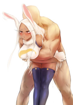 1boy 1girl animal_ears bald bare_shoulders boku_no_hero_academia breasts clothed_female_nude_male dark-skinned_female dark_skin faceless faceless_male fur_collar gloves heattech_leotard hetero highres large_breasts long_hair mirko nude pussy_juice rabbit_ears red_eyes sex sex_from_behind shpo sweat thighhighs turtleneck very_long_hair white_hair