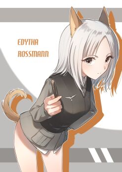 Rule 34 | 1girl, animal ears, brave witches, brown eyes, commentary request, edytha rossmann, feet out of frame, fox ears, fox girl, fox tail, green jacket, highres, holding, holding pointer, jacket, looking at viewer, military uniform, no pants, pointer, shima7 c, shirt, short hair, solo, standing, tail, vest, white hair, white shirt, world witches series