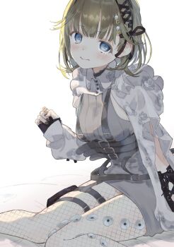 1girl arm_cutout bad_anatomy bad_face belt black_nails blue_eyes blush bossun_(laetus) cattleya_regina_games chest_belt clothing_cutout commentary dress fingerless_gloves fishnet_pantyhose fishnets floral_print gloves green_hair grey_sweater hair_ribbon hanabusa_lisa hanabusa_lisa_(4th_costume) highres knit_sweater multiple_belts pantyhose pearl_hair_ornament pouch ribbon shrug_(clothing) simple_background sitting solo suspenders sweater sweater_dress thigh_pouch virtual_youtuber vspo! wariza white_background