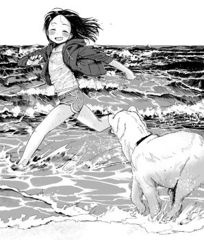 Rule 34 | 1girl, bad id, bad twitter id, beach, blush, closed eyes, dog, dolphin shorts, female focus, greyscale, hood, hoodie, inactive account, masuda (yousaytwosin), monochrome, original, outdoors, running, short shorts, shorts, smile, solo, wading, waves, wet, wet clothes