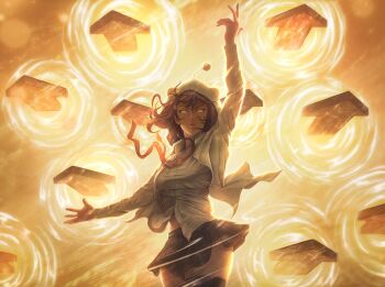 1girl absurdres animal_hood arm_up arrow_(symbol) black_skirt black_thighhighs breasts brown_hair fate_(series) female_focus gate_of_babylon_(fate) gilgamesh_(fate) grey_shirt highres hood hooded_jacket jacket long_hair manip medium_breasts necktie orange_background orange_eyes parted_lips partially_unbuttoned red_necktie reddit shirt skirt snoo solo standing thighhighs white_hood white_jacket wind