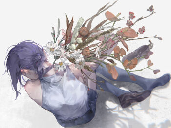 1girl absurdres black_choker black_shoes black_shorts chainsaw_man choker cowboy_shot flower folded_ponytail grass grenade_pin grey_shirt highres plant purple_hair purple_thighhighs reze_(chainsaw_man) shadow shirt shoes short_hair shorts simple_background single_shoe sitting sleeveless sleeveless_shirt solo thighhighs unworn_shoes variant_set white_background white_flower white_shirt yokozuwari you_yeyou0904