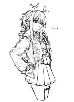 ... 1girl antlers arknights cowboy_shot cropped_legs firewatch firewatch_(arknights) frown greyscale hair_between_eyes hand_on_own_hip highres horns jacket long_sidelocks long_sleeves looking_at_viewer monochrome mooswig open_clothes open_jacket pleated_skirt pouch reindeer_antlers reindeer_girl shirt shirt_tucked_in short_hair_with_long_locks sidelocks simple_background skirt solo thigh_strap white_background