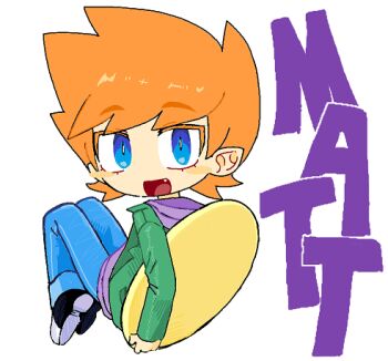 1boy :d animification black_shoes blue_eyes blue_pants blush_stickers character_name chibi chibi_only colored_eyelashes commentary denim eddsworld fang from_behind full_body green_jacket happy hashtag-only_commentary holding holding_mirror hood hood_down hoodie jacket jeans looking_at_viewer looking_back lowres male_focus matt_(eddsworld) mini_person miniboy mirror open_mouth orange_hair pants pointy_ears purple_hoodie rkdwgi shoes short_hair simple_background smile sneakers solo spiked_hair white_background