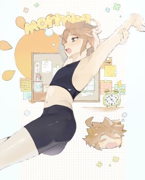 1boy adapted_costume ahoge alarm_clock armpits black_shorts blue_eyes blush_stickers brown_hair chibi chibi_inset clock closed_eyes colored_eyelashes crop_top english_text flower_symbol grid_background highres kid_icarus kid_icarus_uprising laurel_crown male_focus midriff navel nintendo open_mouth pit_(kid_icarus) short_hair shorts single_blush_sticker spiked_hair stretching yuuri_snpr